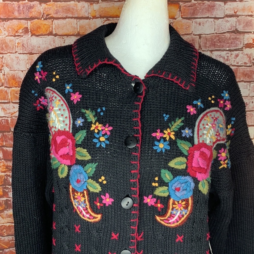 Vintage Beldoch Popper Cottage Core Button Down Floral Embroidered Cardi… - Picture 2 of 11